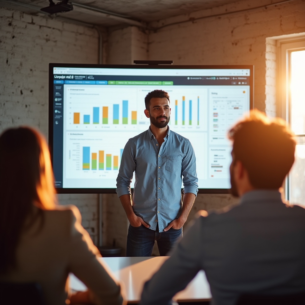 Formator explicând un dashboard de analiză unei echipe de marketing